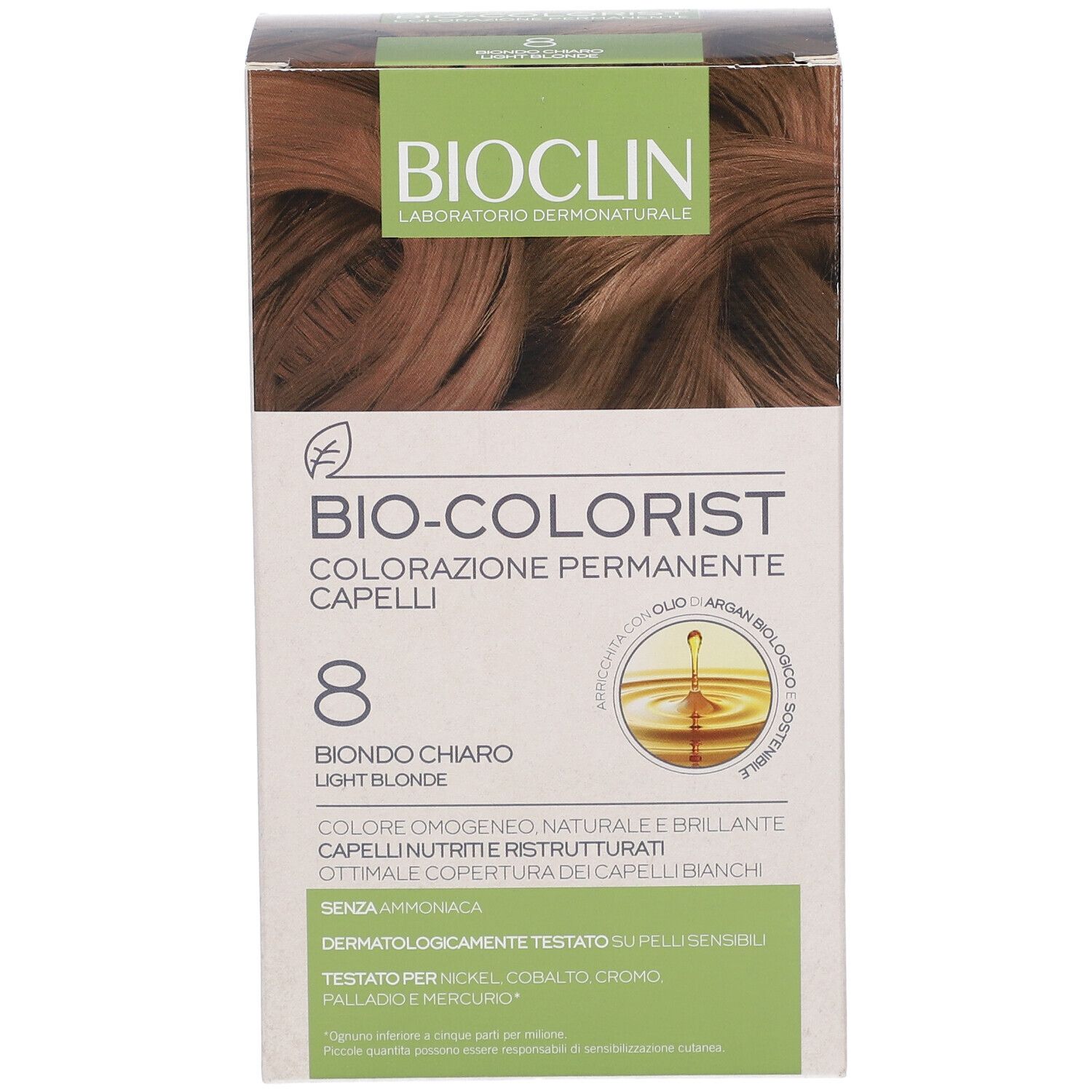 Bioclin Bio-Colorist 8, hellblond permanente Haarfarbe. Ammoniakfrei, dermatologisch getestet.