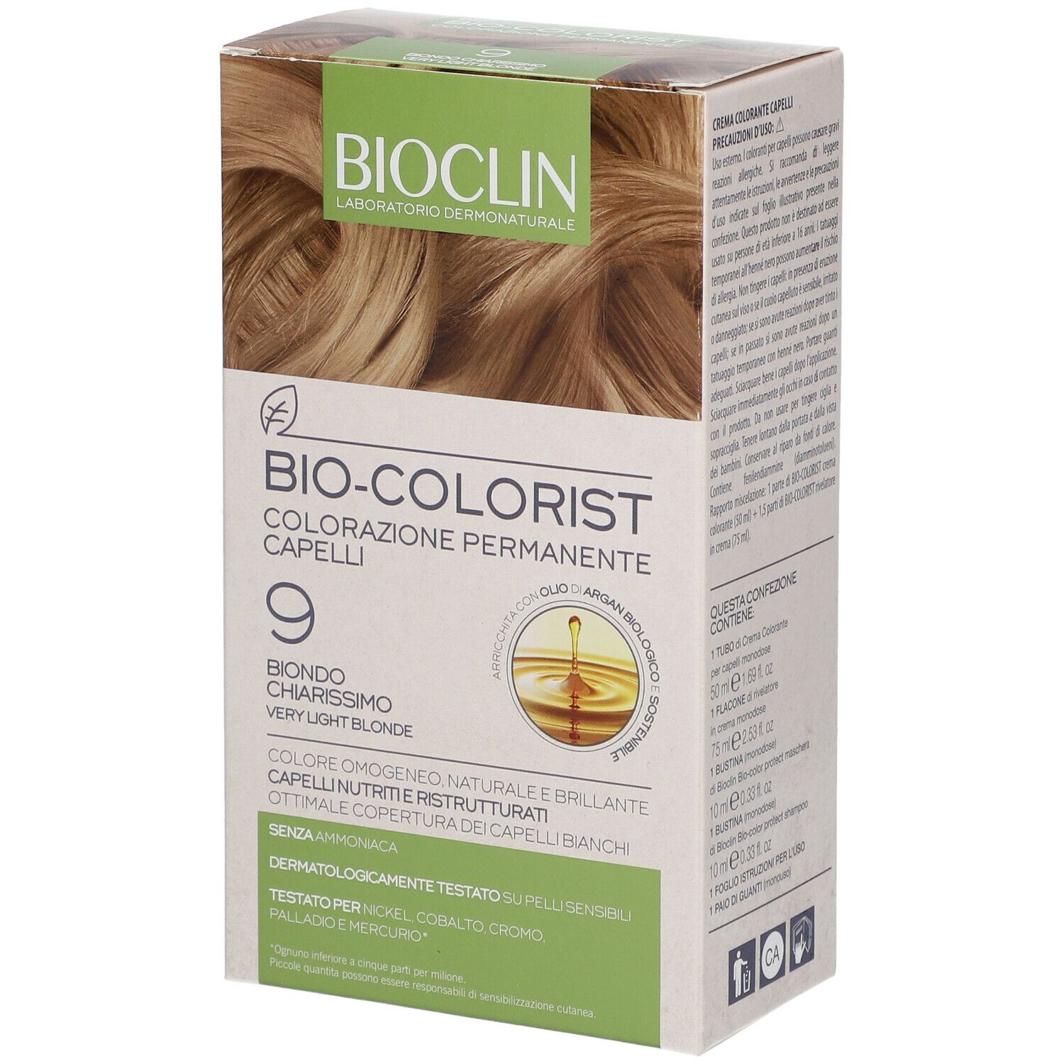 Confezione BIOCLIN Bio-Colorist. Tinta 9, biondo chiarissimo. Contiene olio. Dermatologicamente testato. Senza ammoniaca.