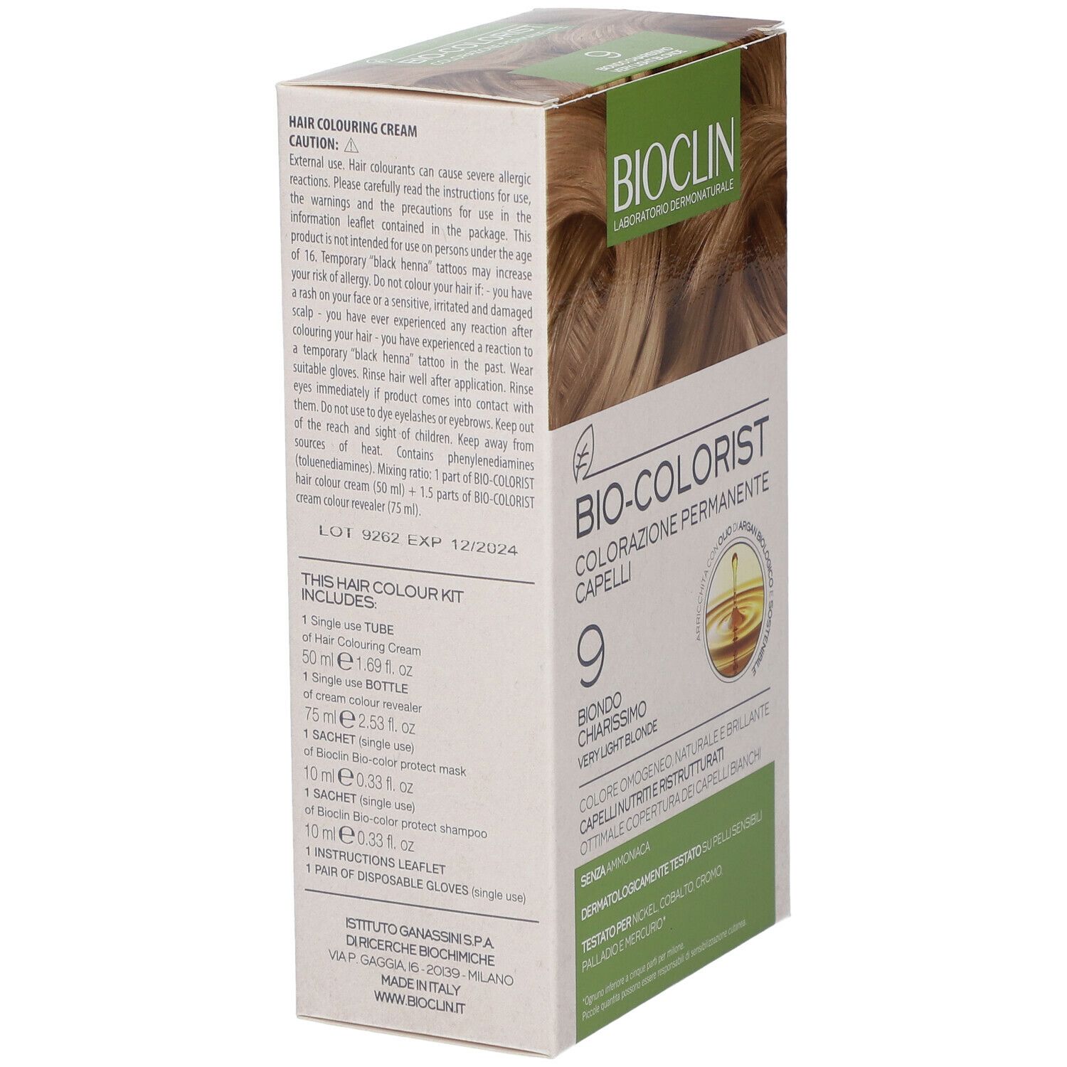 Lato della confezione BIOCLIN Bio-Colorist. Contiene: crema colorante, flacone, bustina, guanti, istruzioni.
