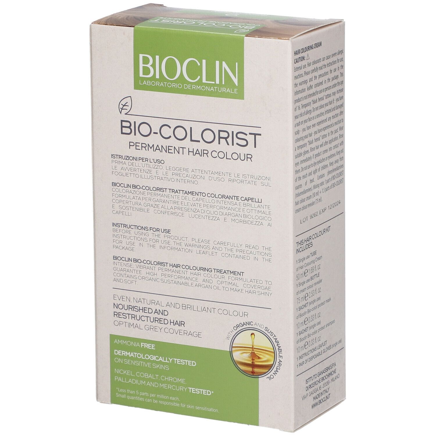 Confezione BIOCLIN Bio-Colorist. Tinta permanente. Contiene istruzioni. Dermatologicamente testato. Senza ammoniaca.
