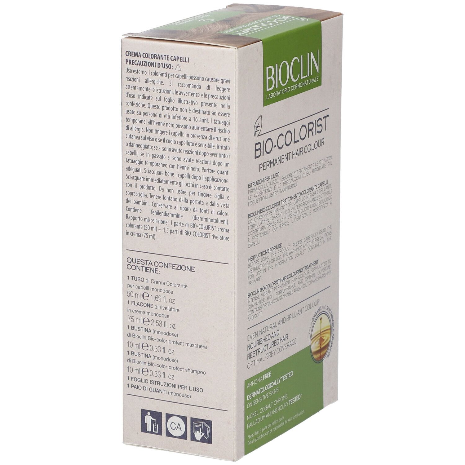 Lato della confezione BIOCLIN Bio-Colorist. Contiene: crema, flacone, bustina, shampoo, guanti, istruzioni.