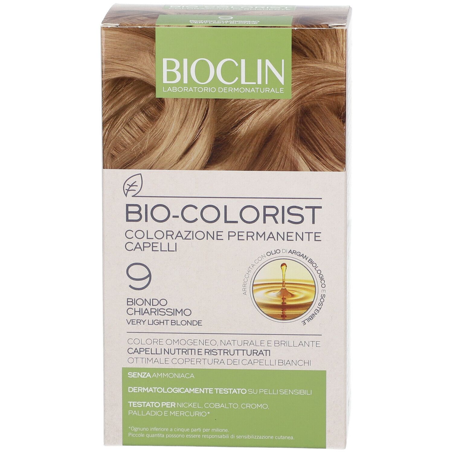 Confezione BIOCLIN Bio-Colorist. Tinta 9, biondo chiarissimo. Contiene olio. Dermatologicamente testato. Senza ammoniaca.