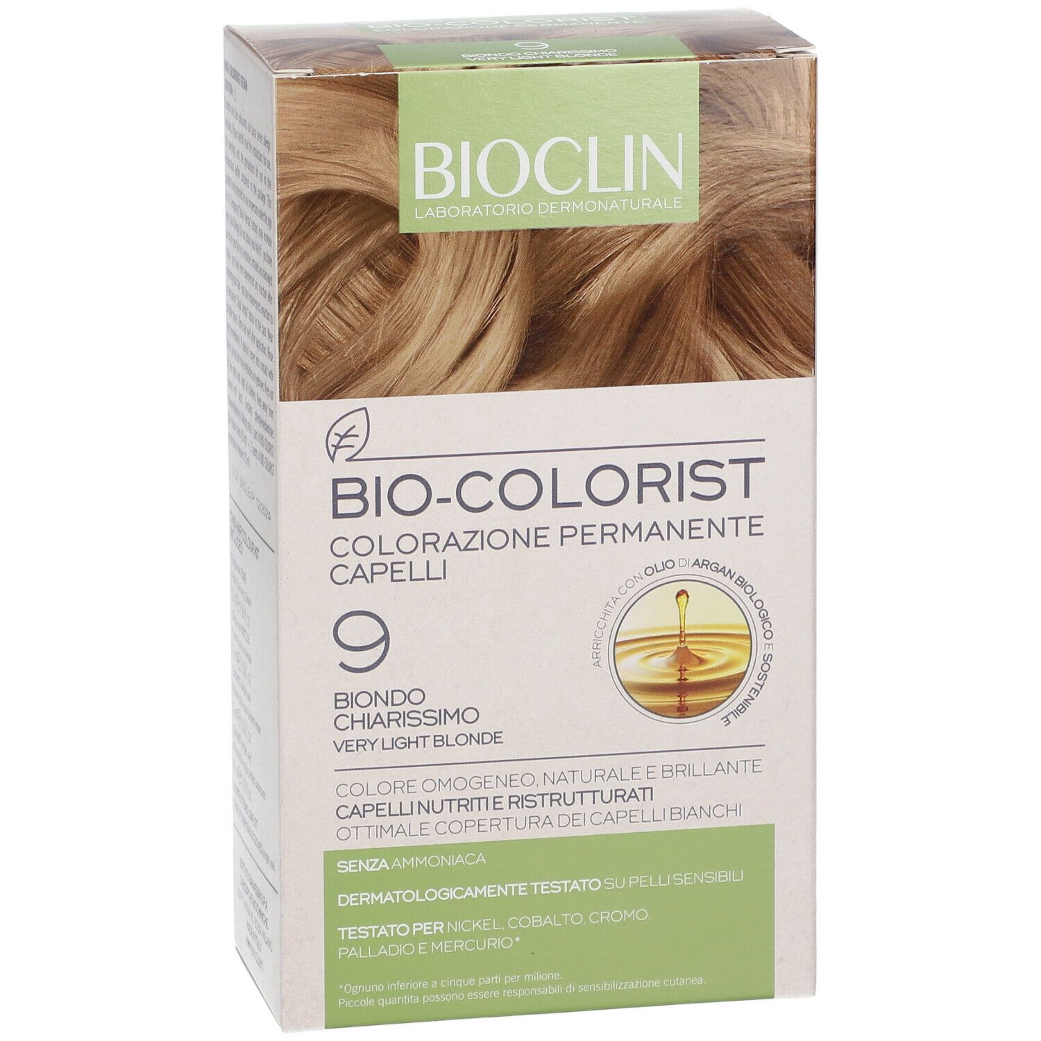 Confezione BIOCLIN Bio-Colorist. Tinta 9, biondo chiarissimo. Contiene olio. Dermatologicamente testato. Senza ammoniaca.