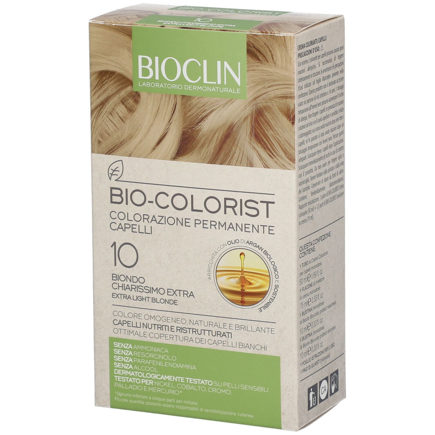 BIOCLIN Bio-Colorist 10, colorazione permanente per capelli. Biondo chiarissimo extra. Confezione con dettagli.