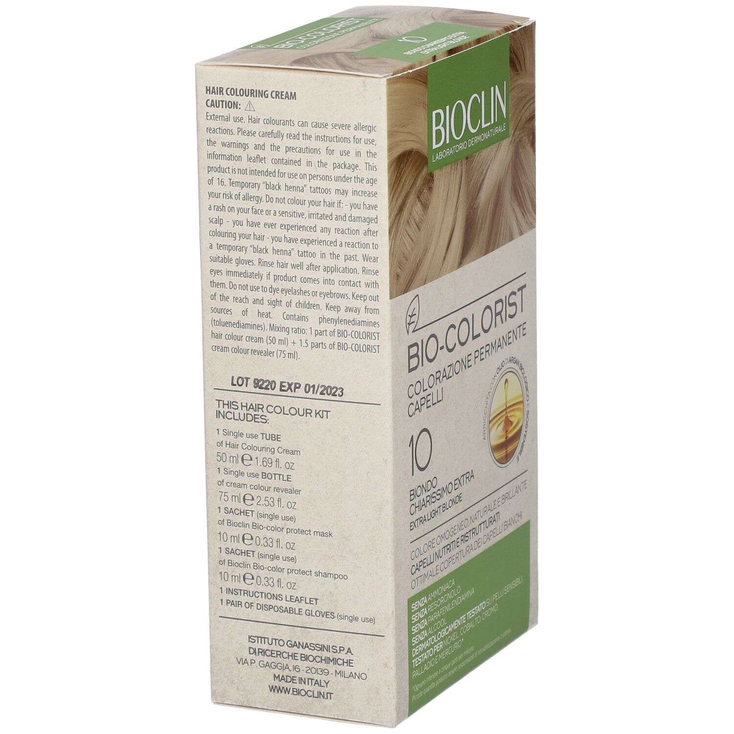 Confezione BIOCLIN Bio-Colorist 10. Contiene tubo, flacone, bustina e guanti. Istruzioni in italiano.