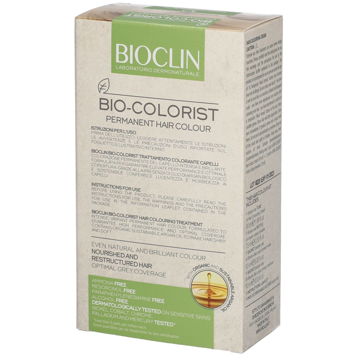 Retro confezione BIOCLIN Bio-Colorist. Istruzioni per l'uso e ingredienti. Testo in italiano.