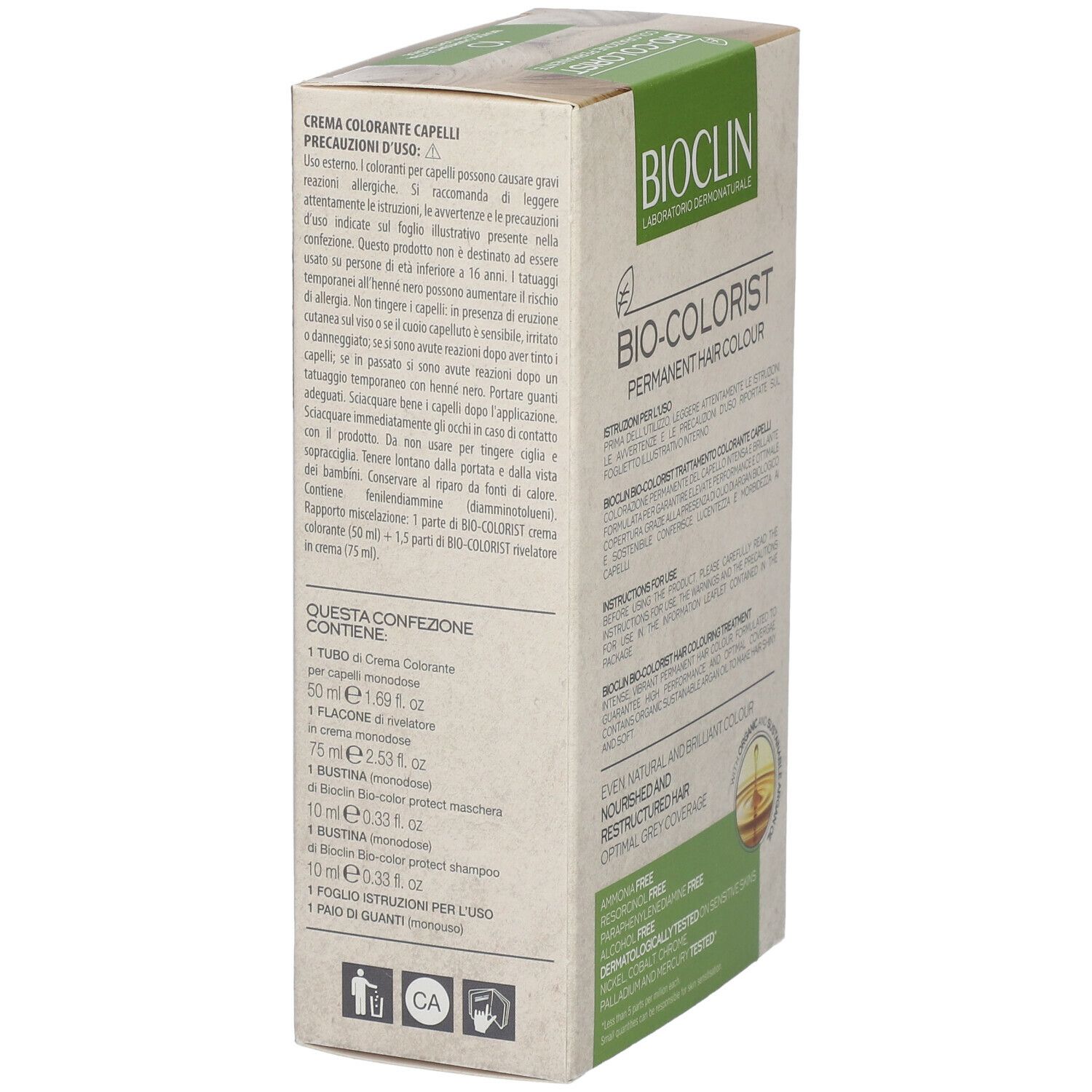 Retro confezione BIOCLIN Bio-Colorist. Istruzioni per l'uso e ingredienti. Testo in italiano.