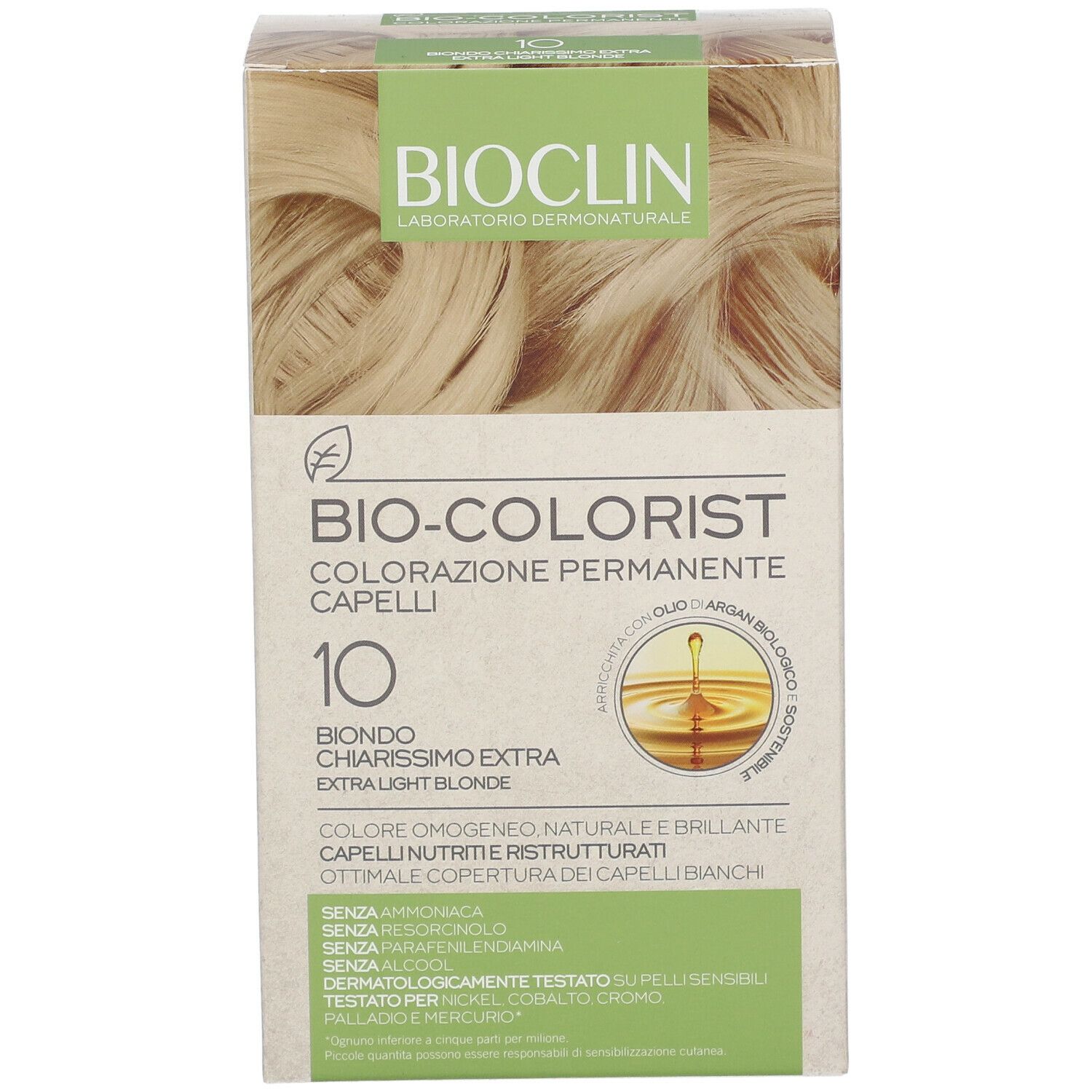 BIOCLIN Bio-Colorist 10, colorazione permanente per capelli. Biondo chiarissimo extra. Confezione con dettagli.