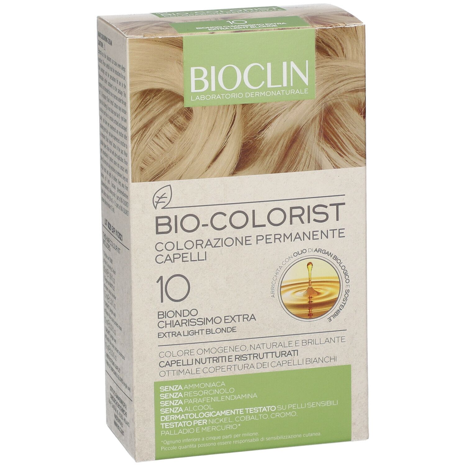 BIOCLIN Bio-Colorist 10, colorazione permanente per capelli. Biondo chiarissimo extra. Confezione con dettagli.