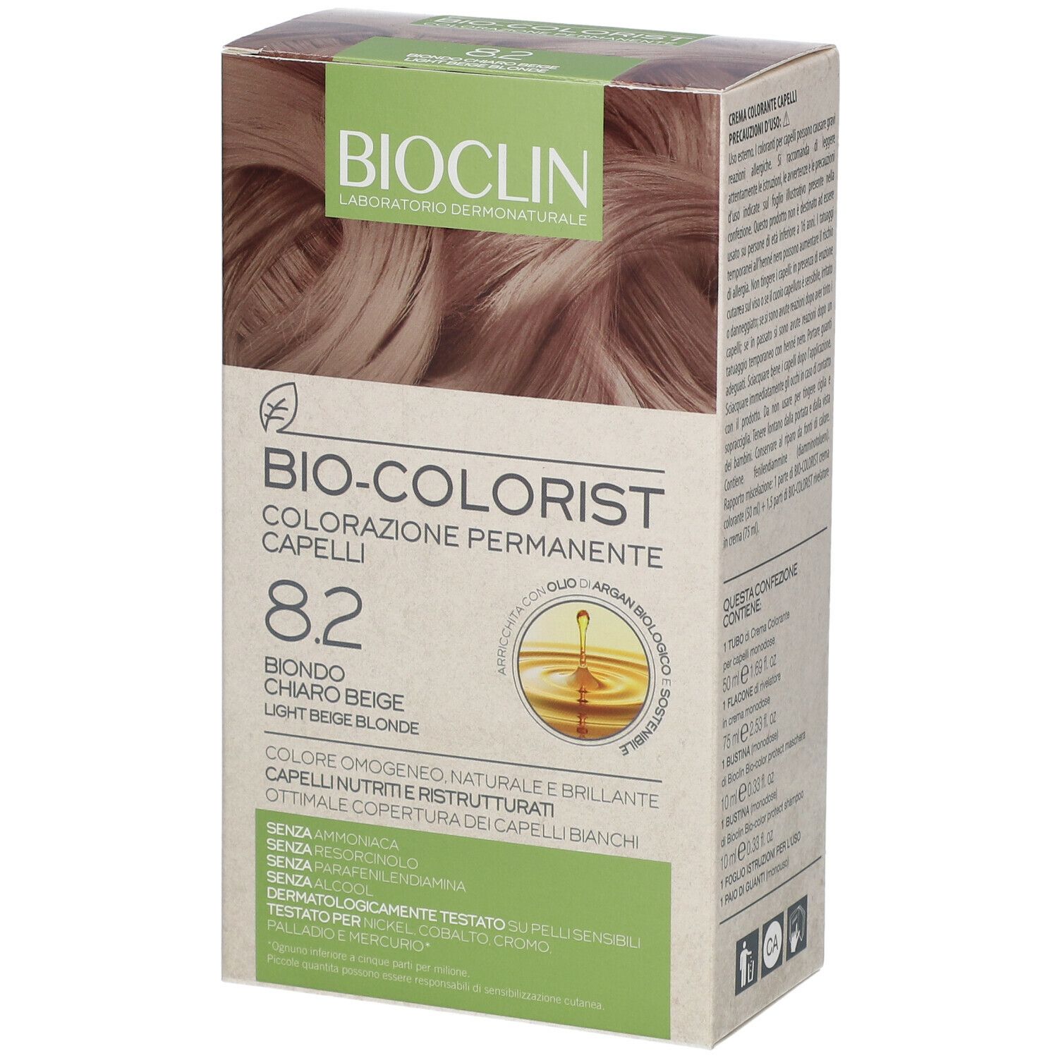 Confezione BIOCLIN Bio-Colorist 8.2. Tinta biondo beige. Contiene olio di Argan. Testato dermatologicamente.