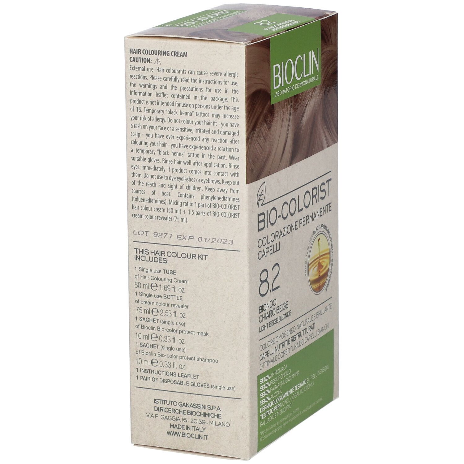 Confezione BIOCLIN Bio-Colorist 8.2. Contiene: tubo, flacone, bustina, shampoo, maschera, guanti, istruzioni.