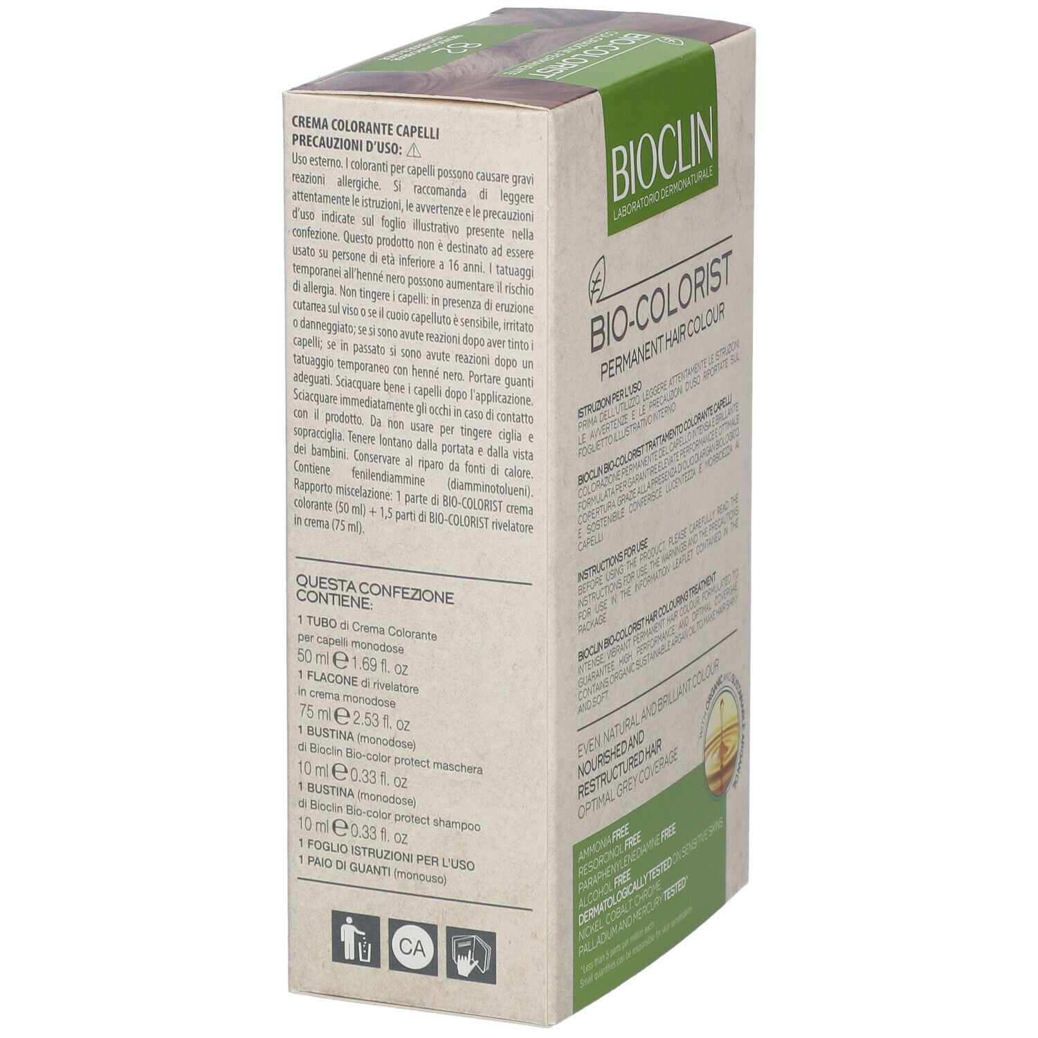 Confezione BIOCLIN Bio-Colorist 8.2. Contiene: tubo, flacone, bustina, shampoo, maschera, guanti, istruzioni.