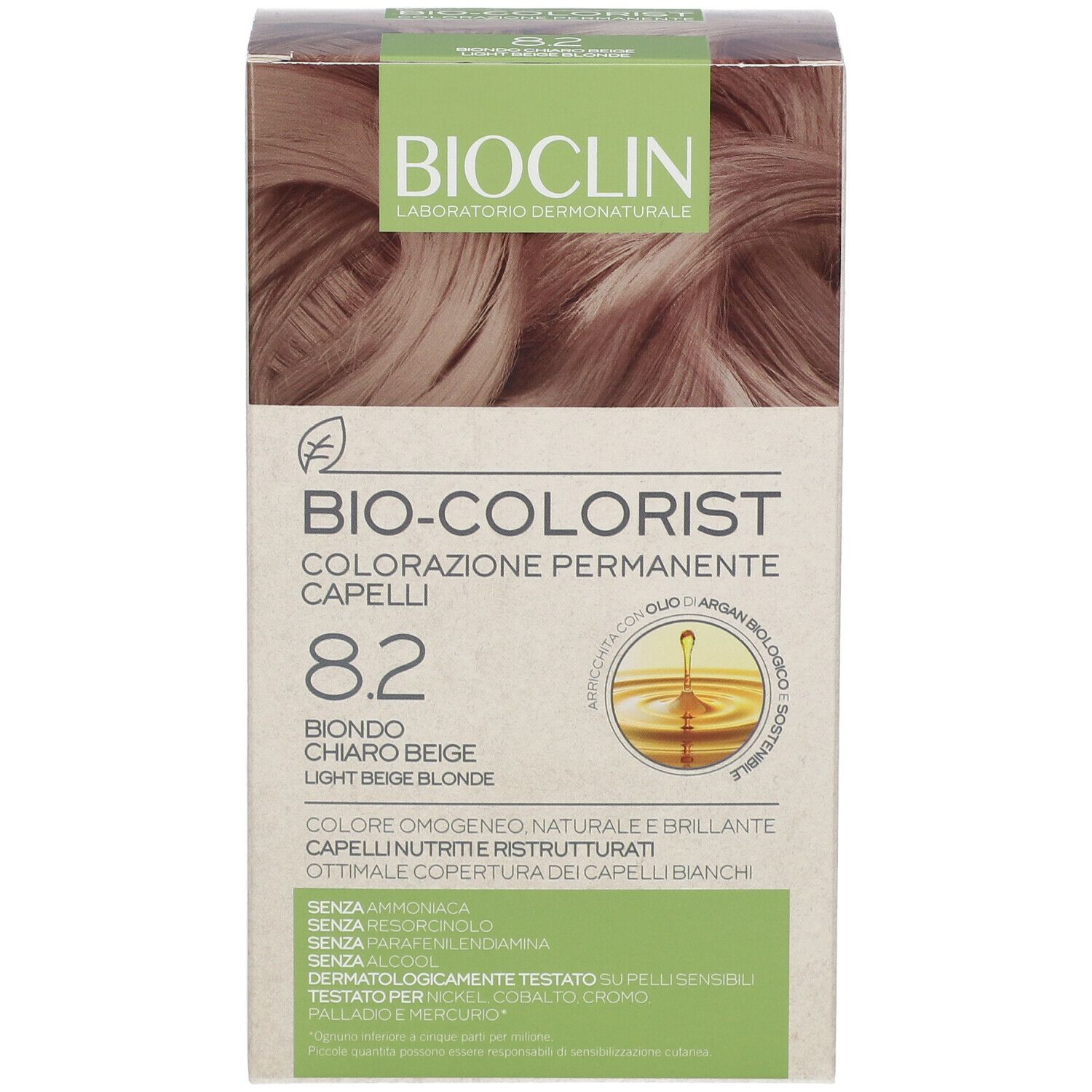 Confezione BIOCLIN Bio-Colorist 8.2. Tinta biondo beige. Contiene olio di Argan. Testato dermatologicamente.