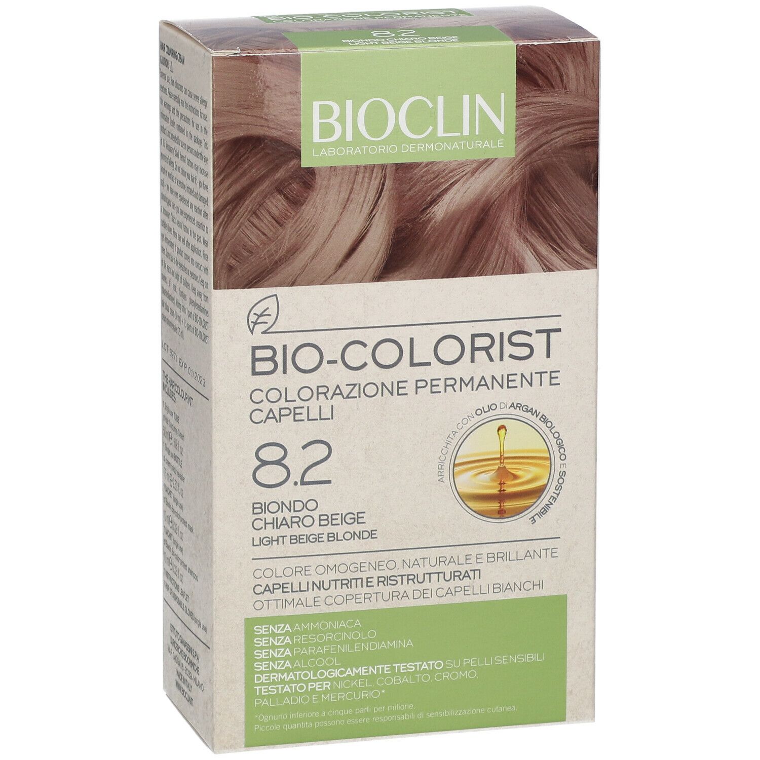 Confezione BIOCLIN Bio-Colorist 8.2. Tinta biondo beige. Contiene olio di Argan. Testato dermatologicamente.