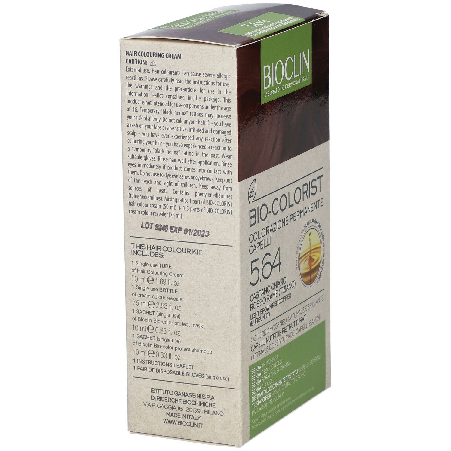 BIOCLIN Bio-Colorist 5.64. Confezione con informazioni. Contiene tubo, applicatore, guanti, shampoo.