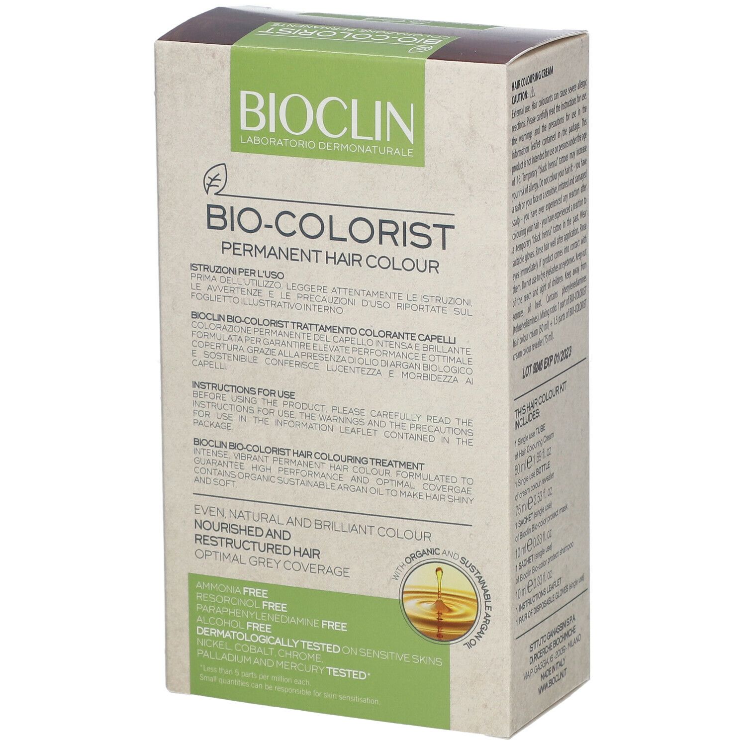 BIOCLIN Bio-Colorist. Confezione con testo. Contiene istruzioni per l'uso e ingredienti.