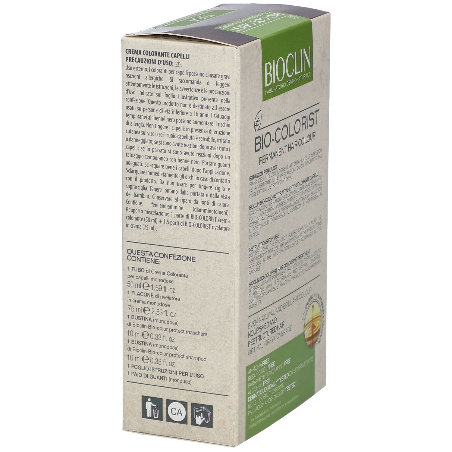 BIOCLIN Bio-Colorist. Confezione con testo. Contiene crema, applicatore, guanti, shampoo.