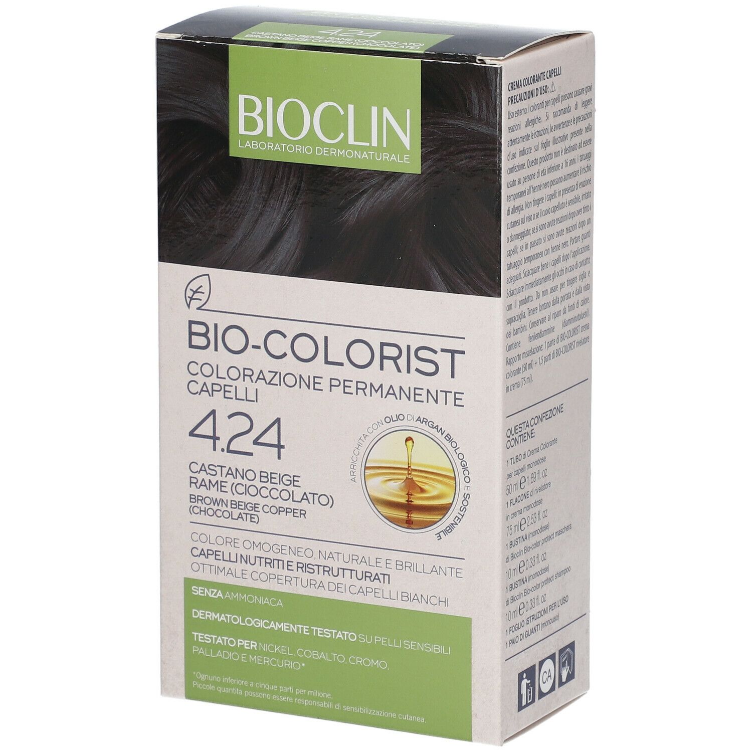 BIOCLIN Bio-Colorist 4.24. Confezione di colorazione per capelli. Colore: Castano Beige Rame (Cioccolato).