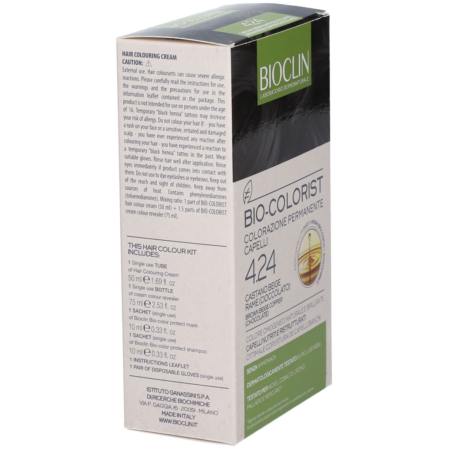 BIOCLIN Bio-Colorist 4.24. Confezione con informazioni sul prodotto. Contiene tubo, flacone, shampoo e guanti.