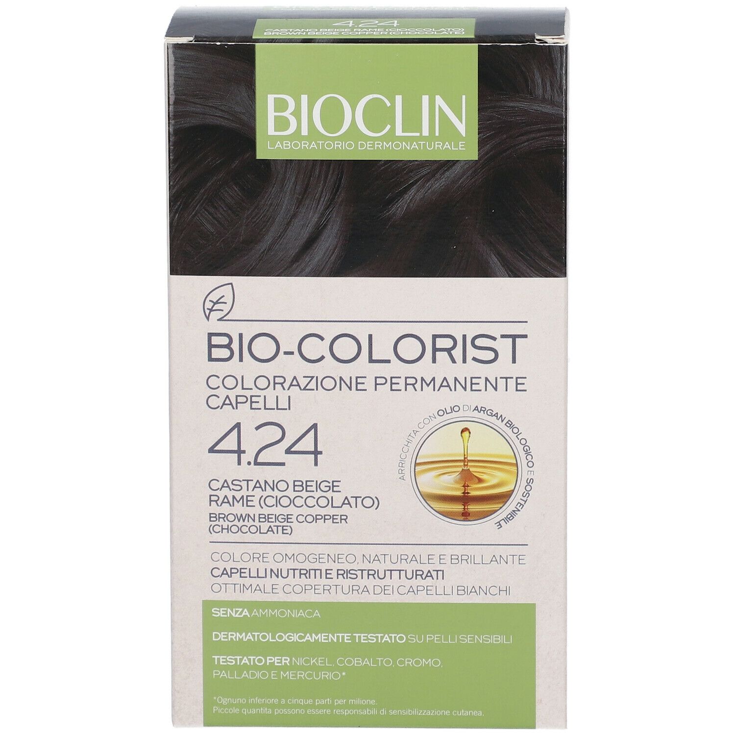 BIOCLIN Bio-Colorist 4.24. Confezione di colorazione per capelli. Colore: Castano Beige Rame (Cioccolato).