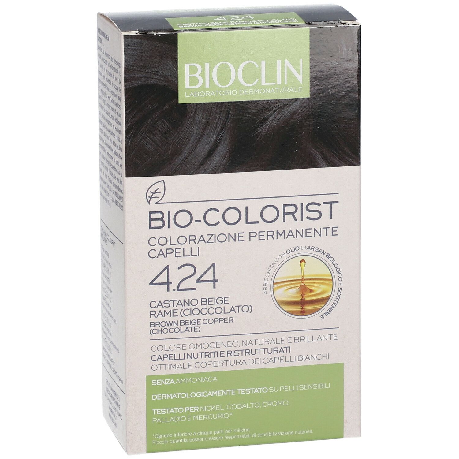 BIOCLIN Bio-Colorist 4.24. Confezione di colorazione per capelli. Colore: Castano Beige Rame (Cioccolato).