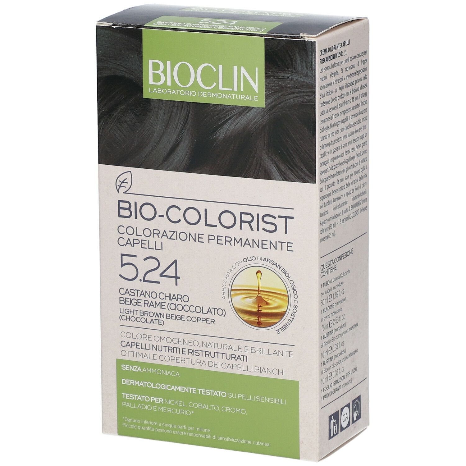 BIOCLIN Bio-Colorist 5.24. Confezione con informazioni prodotto. Colore: Castano Chiaro Beige Rame (Cioccolato).