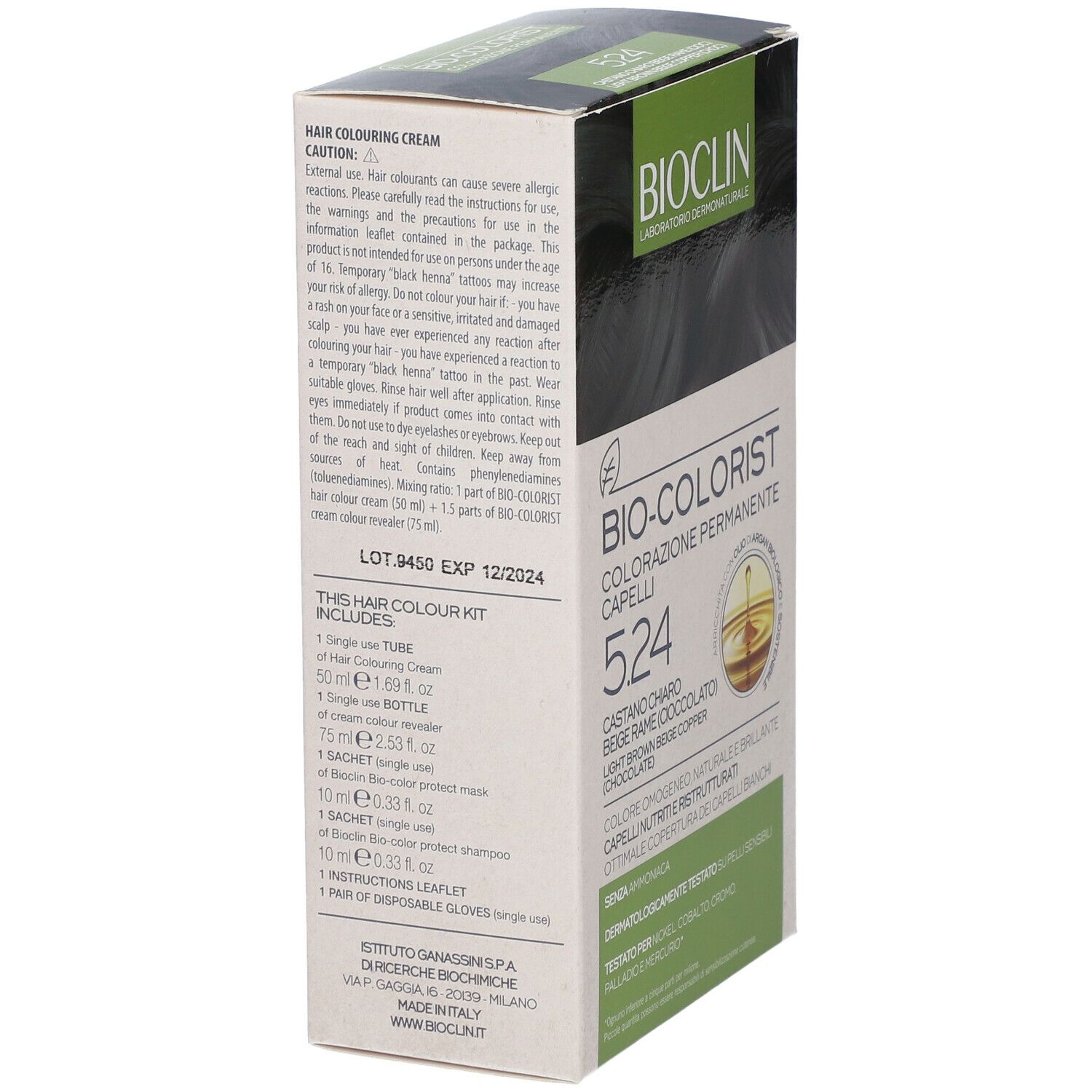BIOCLIN Bio-Colorist 5.24. Confezione con informazioni prodotto. Contiene: tubo, flacone, bustina, guanti.
