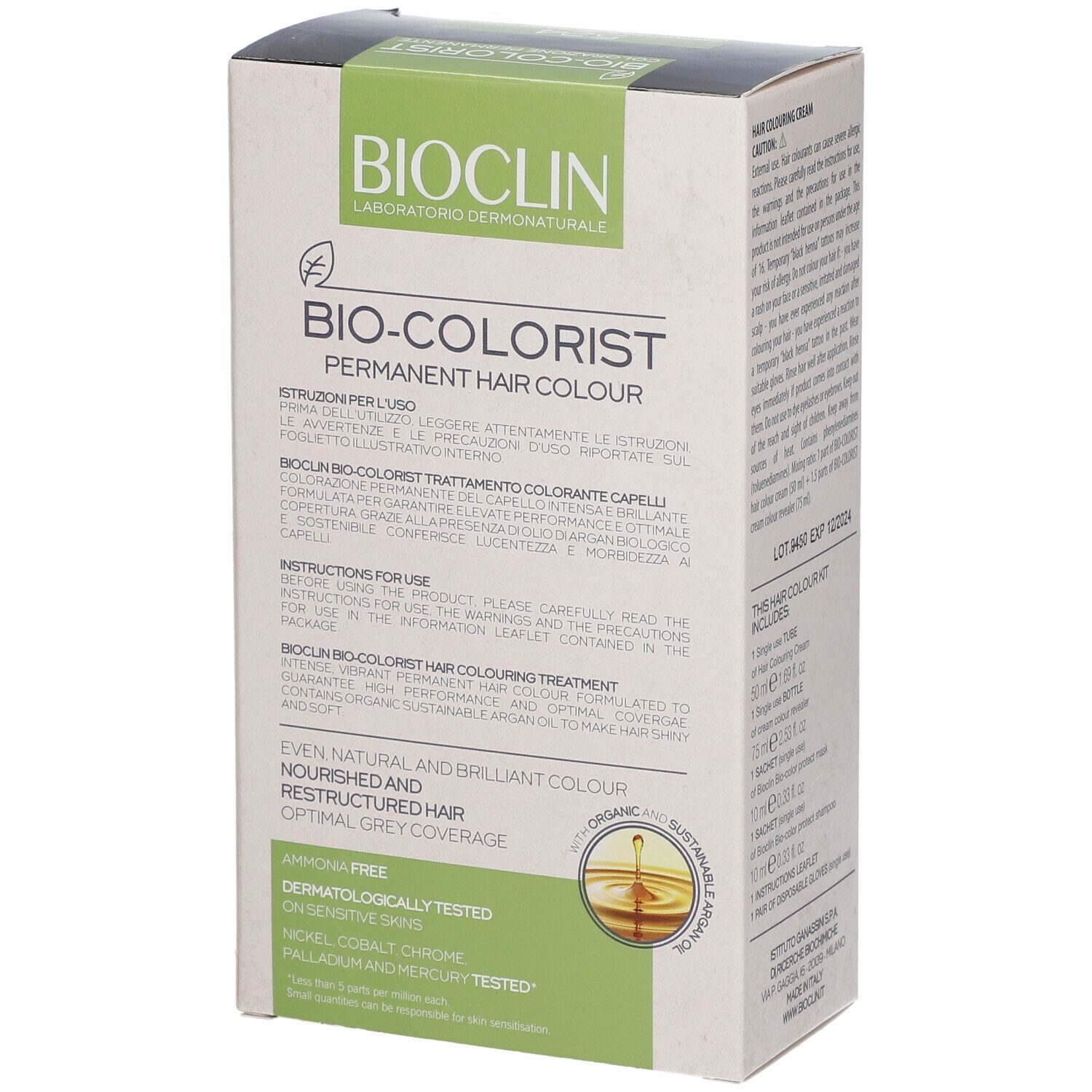 BIOCLIN Bio-Colorist. Confezione con informazioni prodotto. Colorazione permanente. Senza ammoniaca. Dermatologicamente testato.