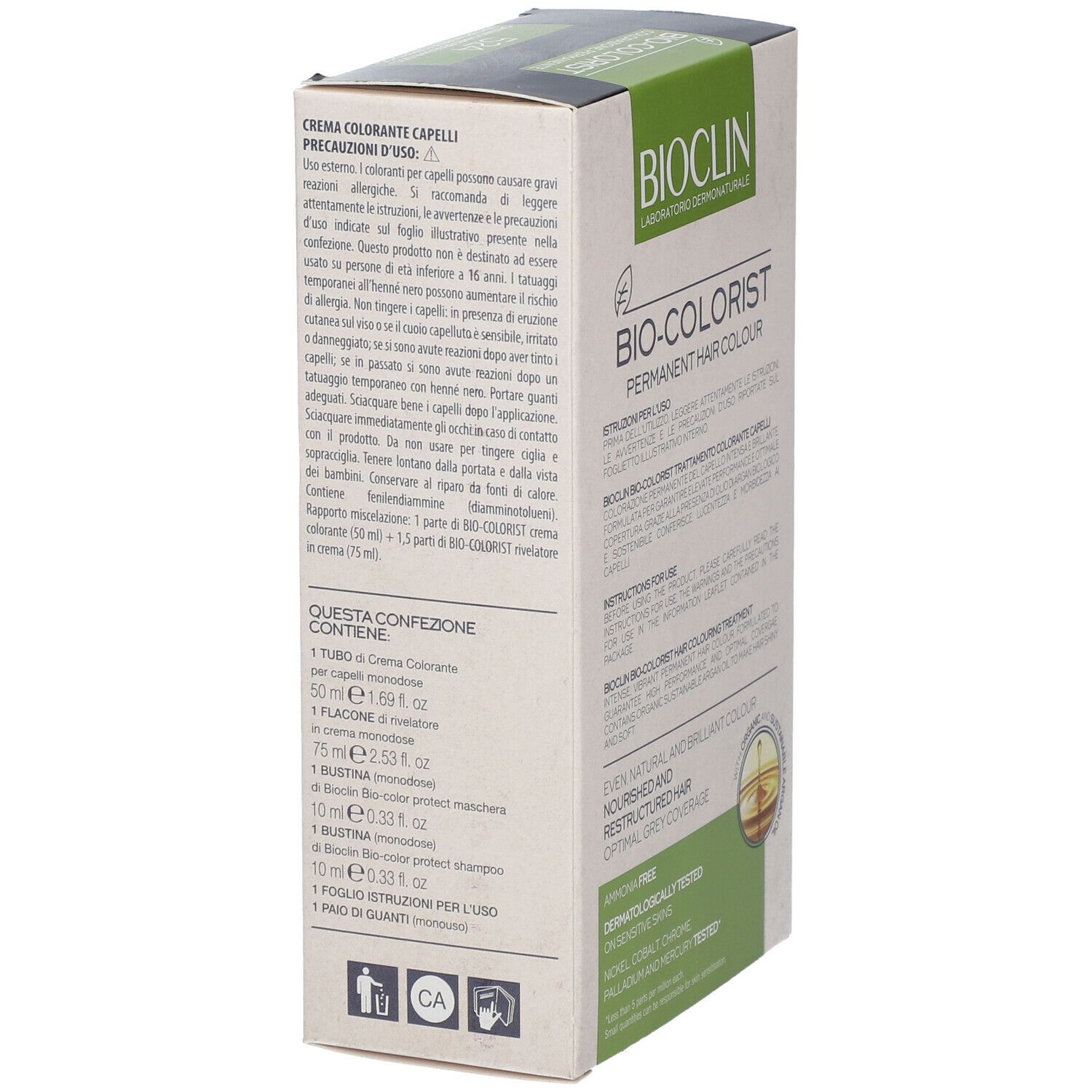 BIOCLIN Bio-Colorist. Confezione con informazioni prodotto. Contiene: crema, flacone, shampoo, maschera, guanti.