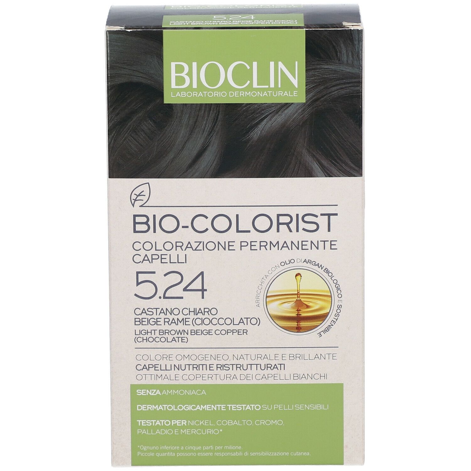 BIOCLIN Bio-Colorist 5.24. Confezione con informazioni prodotto. Colore: Castano Chiaro Beige Rame (Cioccolato).