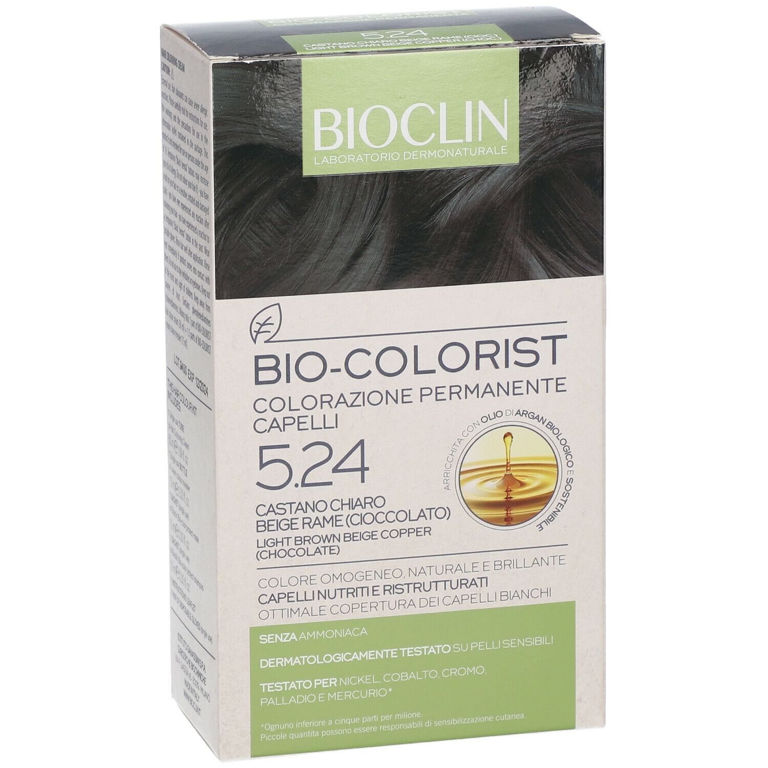 BIOCLIN Bio-Colorist 5.24. Confezione con informazioni prodotto. Colore: Castano Chiaro Beige Rame (Cioccolato).