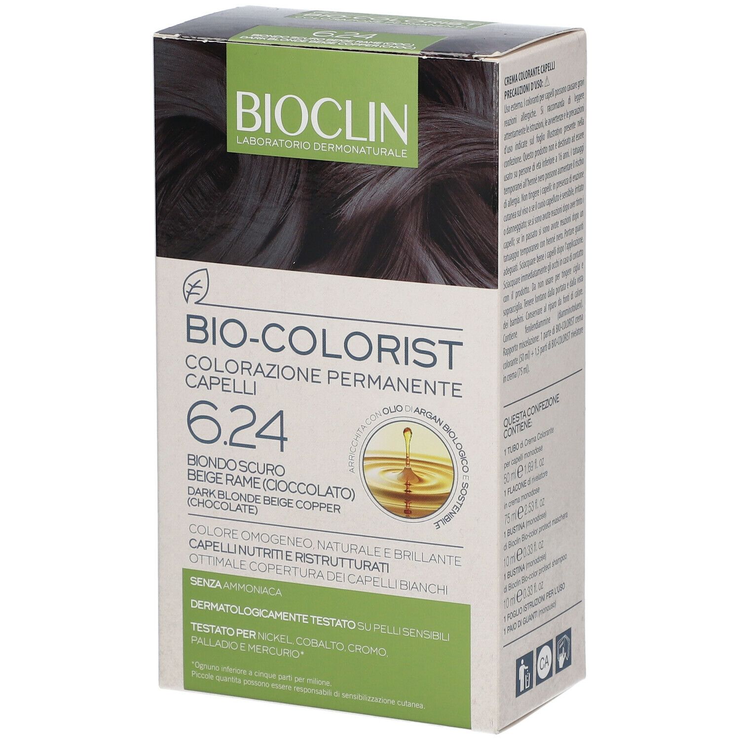 BIOCLIN Bio-Colorist 6.24. Confezione di colorazione per capelli. Scritte: Biondo Scuro Beige Rame (Cioccolato).