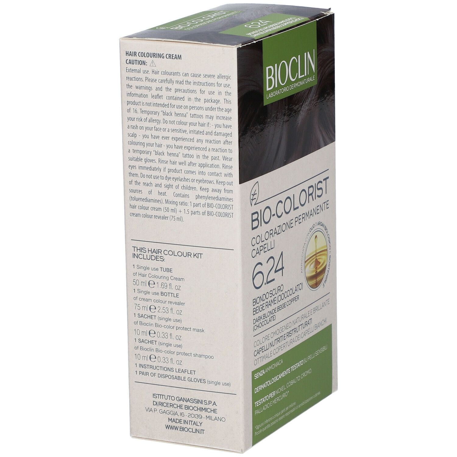 BIOCLIN Bio-Colorist 6.24. Confezione con informazioni sul prodotto. Contiene: tubo, flacone, bustina, guanti.