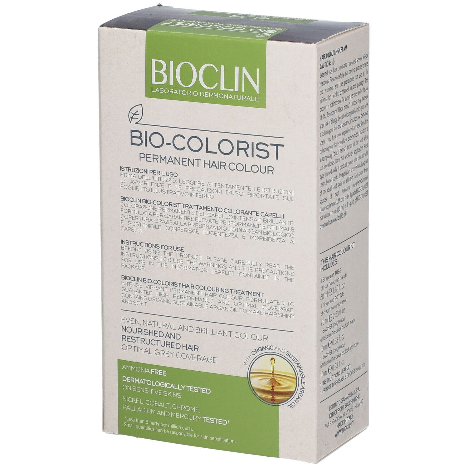 BIOCLIN Bio-Colorist 6.24. Confezione con informazioni sul prodotto. Testo: Permanent Hair Colour, istruzioni per l'uso.