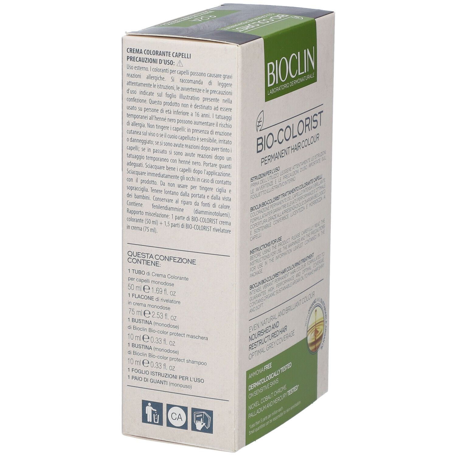 BIOCLIN Bio-Colorist 6.24. Confezione con informazioni sul prodotto. Contiene: crema, flacone, shampoo, guanti.