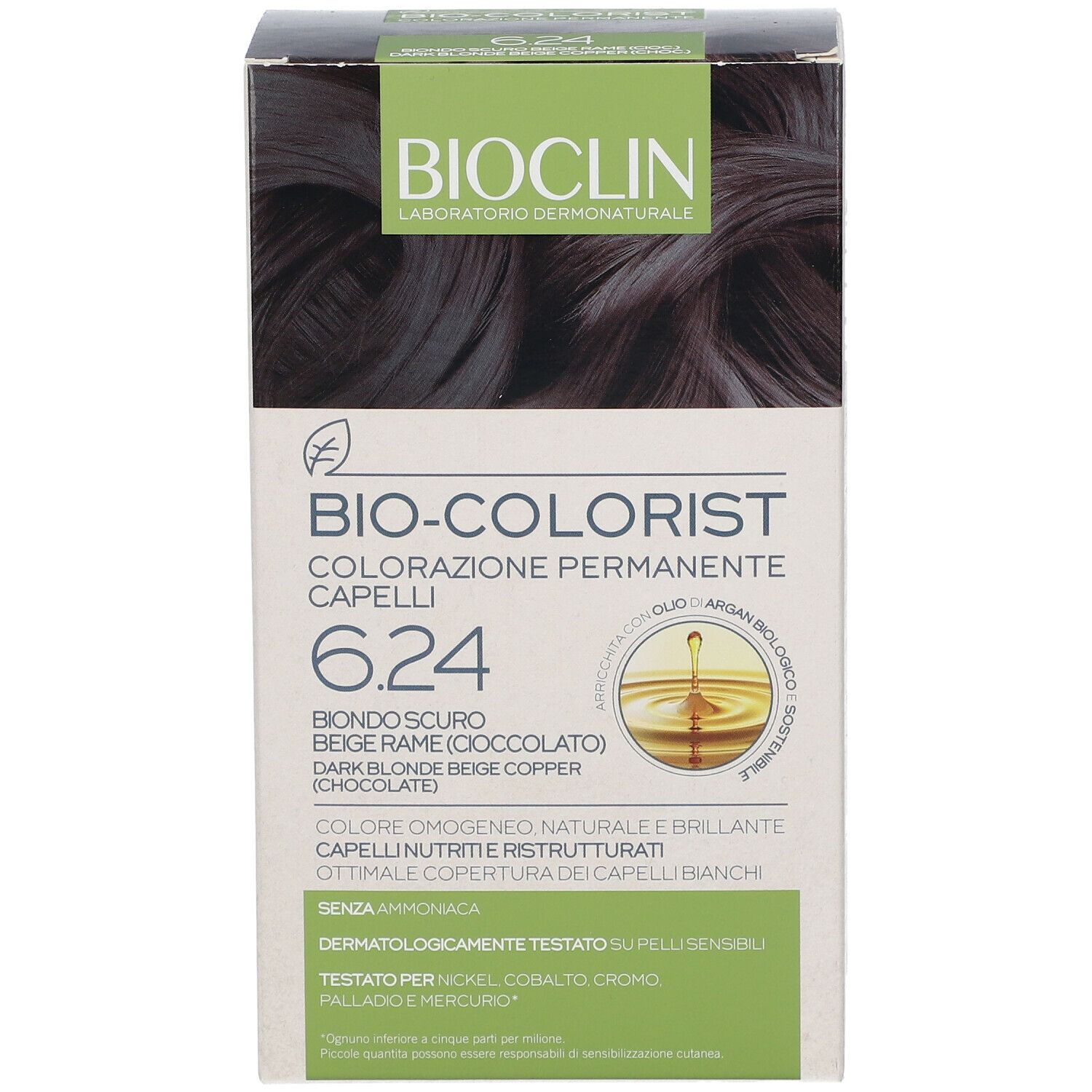 BIOCLIN Bio-Colorist 6.24. Confezione di colorazione per capelli. Scritte: Biondo Scuro Beige Rame (Cioccolato).