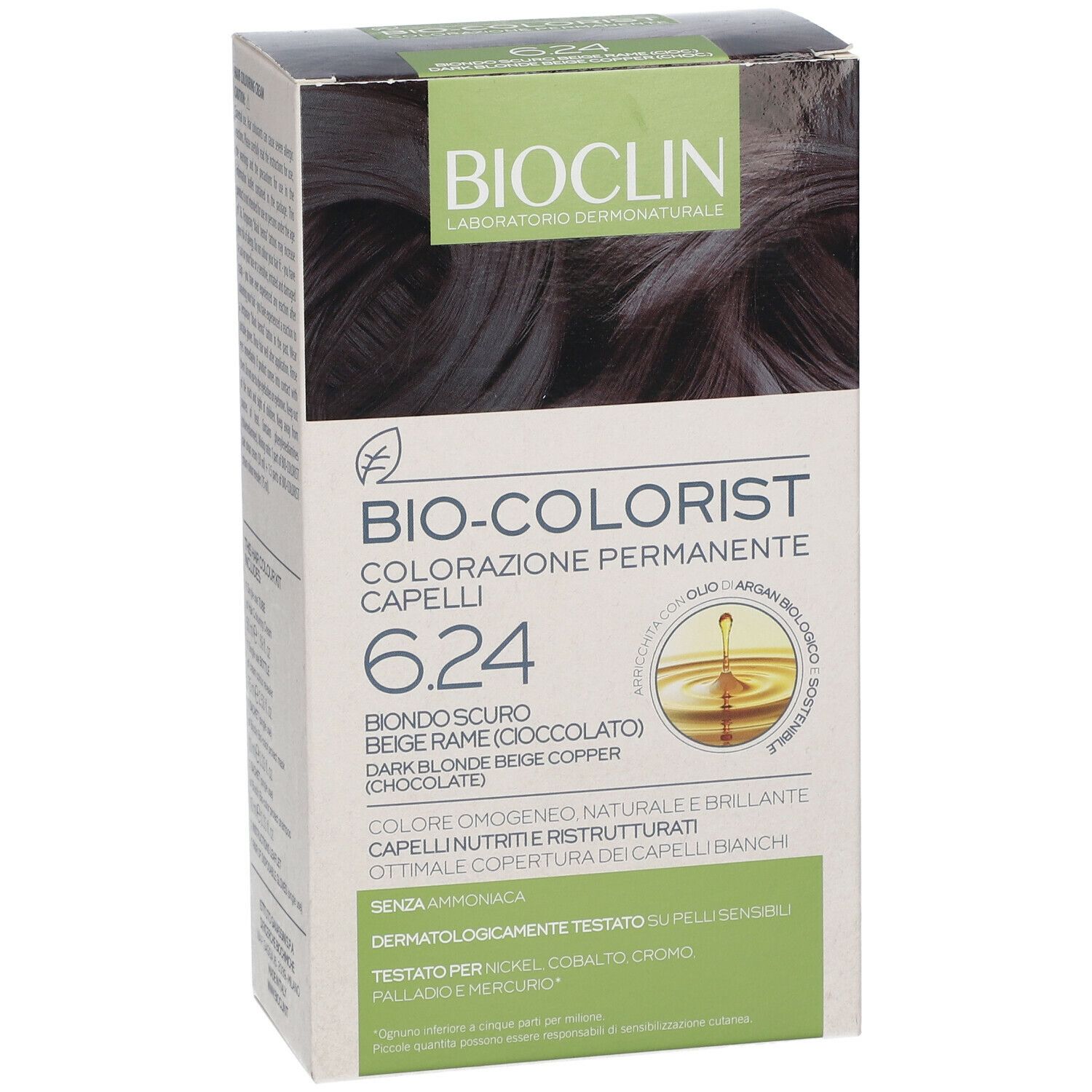 BIOCLIN Bio-Colorist 6.24. Confezione di colorazione per capelli. Scritte: Biondo Scuro Beige Rame (Cioccolato).