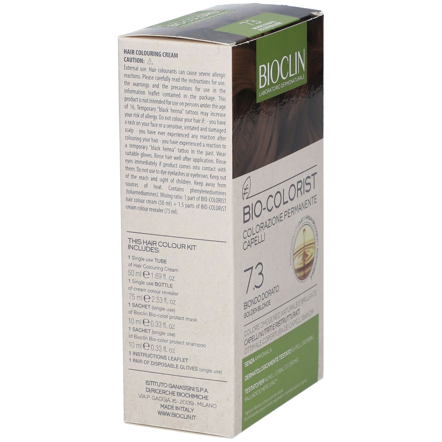 BIOCLIN Bio-Colorist 7.3 Biondo Dorato. Vista laterale della confezione. Contiene: tubo, flacone, bustina, shampoo, guanti.