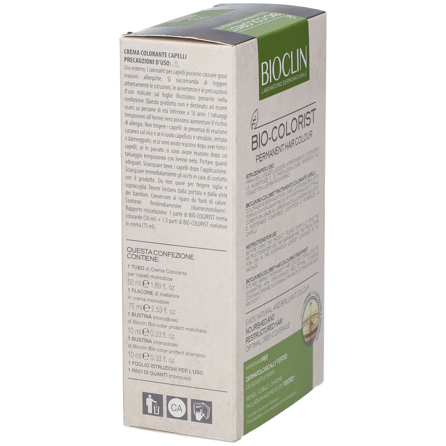 BIOCLIN Bio-Colorist. Vista laterale della confezione. Contiene: tubo, flacone, bustina, shampoo, guanti. Dermatologicamente testato.