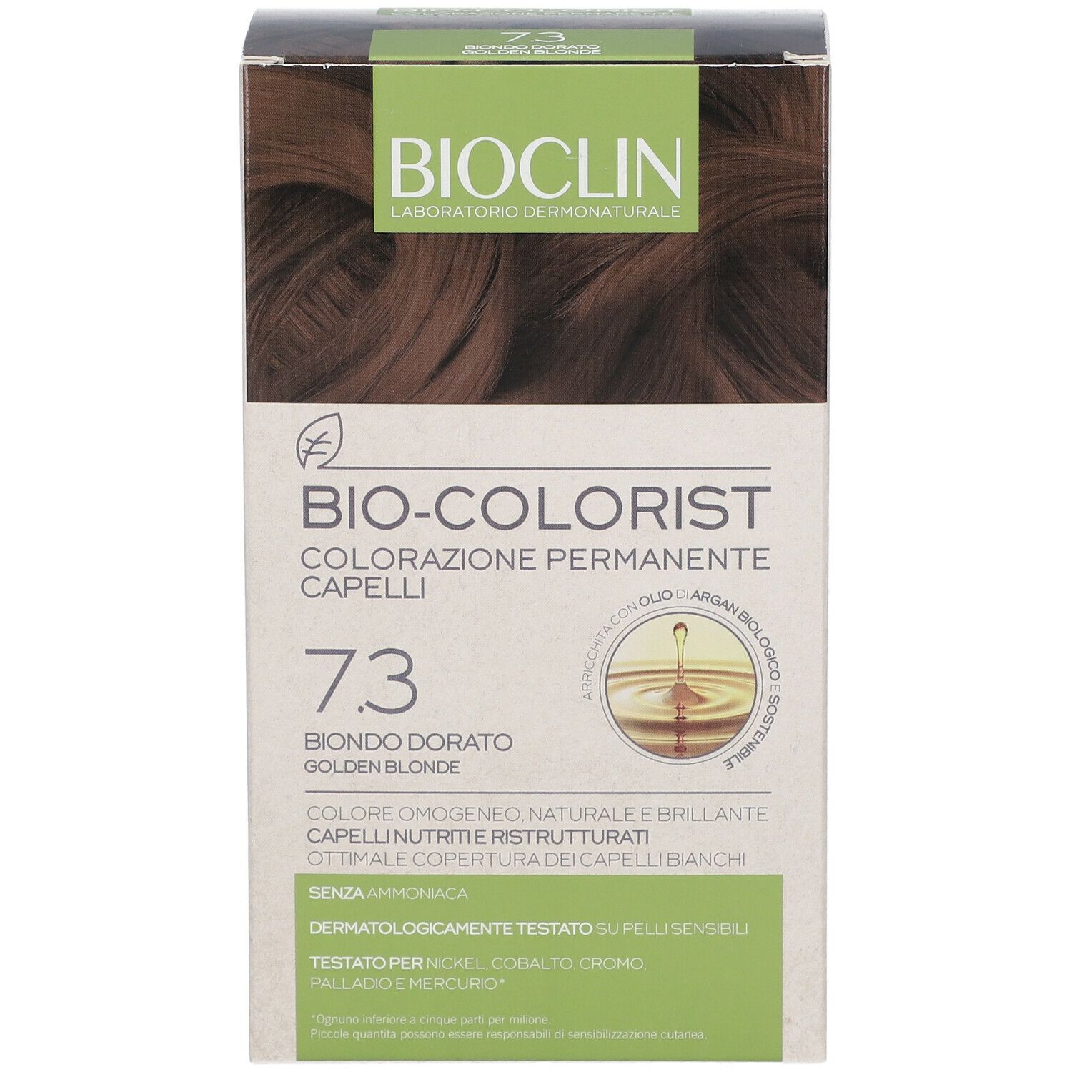 BIOCLIN Bio-Colorist 7.3 Biondo Dorato. Confezione di colorazione per capelli. Scritta: 7.3 Biondo Dorato. Dermatologicamente testato.