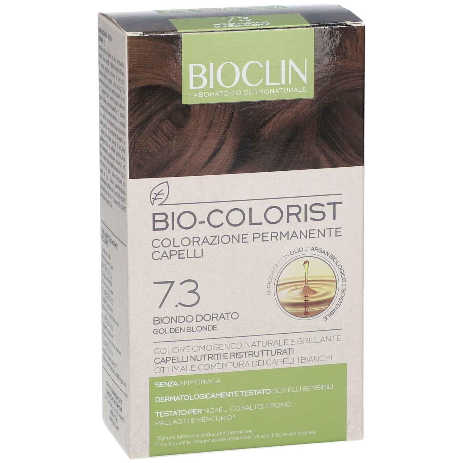 BIOCLIN Bio-Colorist 7.3 Biondo Dorato. Confezione di colorazione per capelli. Scritta: 7.3 Biondo Dorato. Dermatologicamente testato.