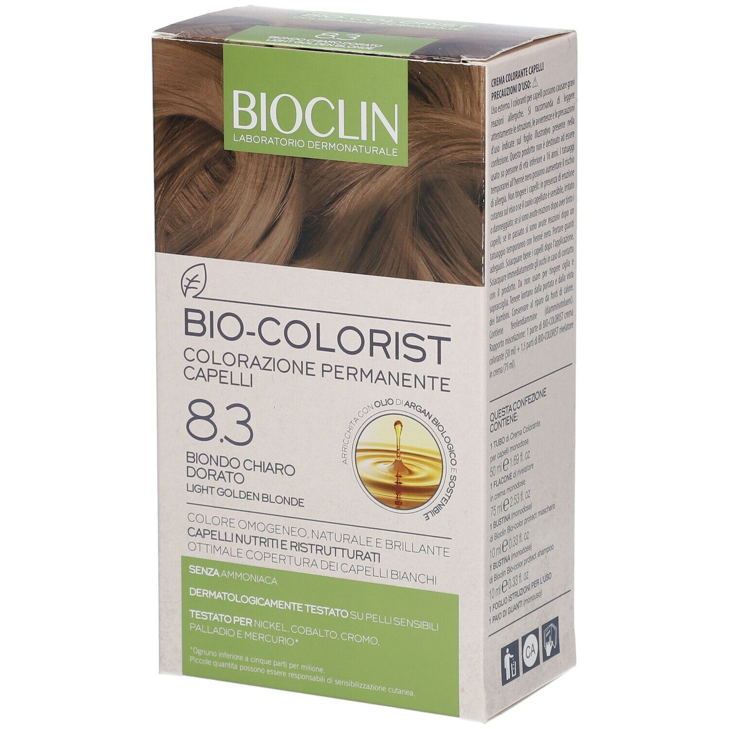 BIOCLIN Bio-Colorist 8.3 Biondo Chiaro Dorato. Confezione con immagine e informazioni.