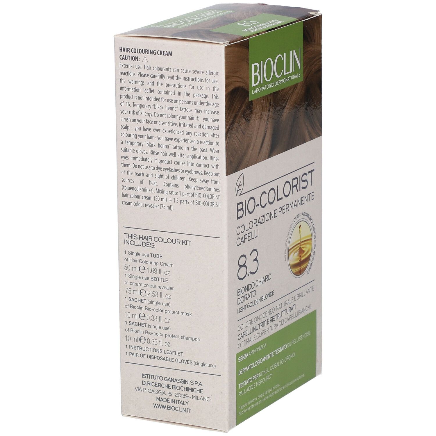 Confezione BIOCLIN Bio-Colorist 8.3. Vista laterale con elenco ingredienti e avvertenze.