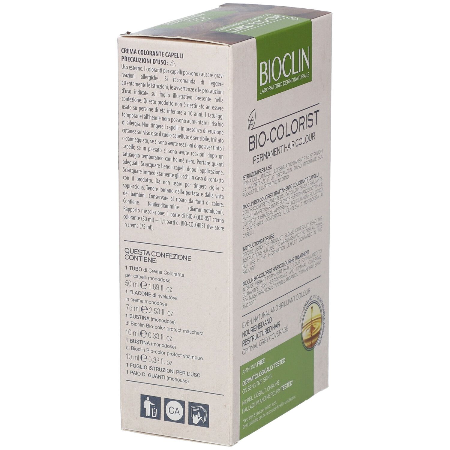 Confezione BIOCLIN Bio-Colorist 8.3. Vista laterale con elenco ingredienti e avvertenze.