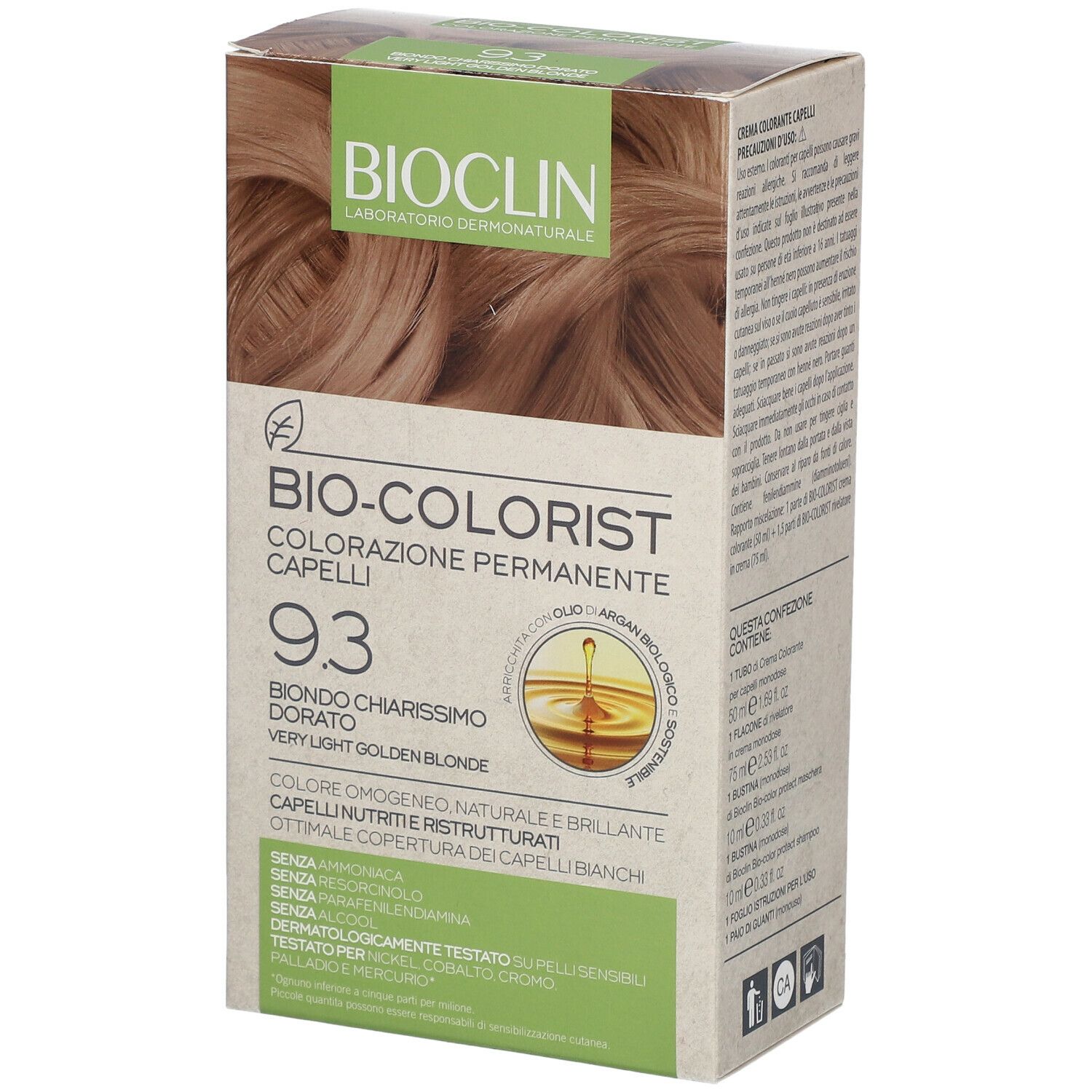 Confezione di BIOCLIN Bio-Colorist 9.3. Scritto: Biondo Chiarissimo Dorato, Very Light Golden Blonde. Colore biondo dorato.