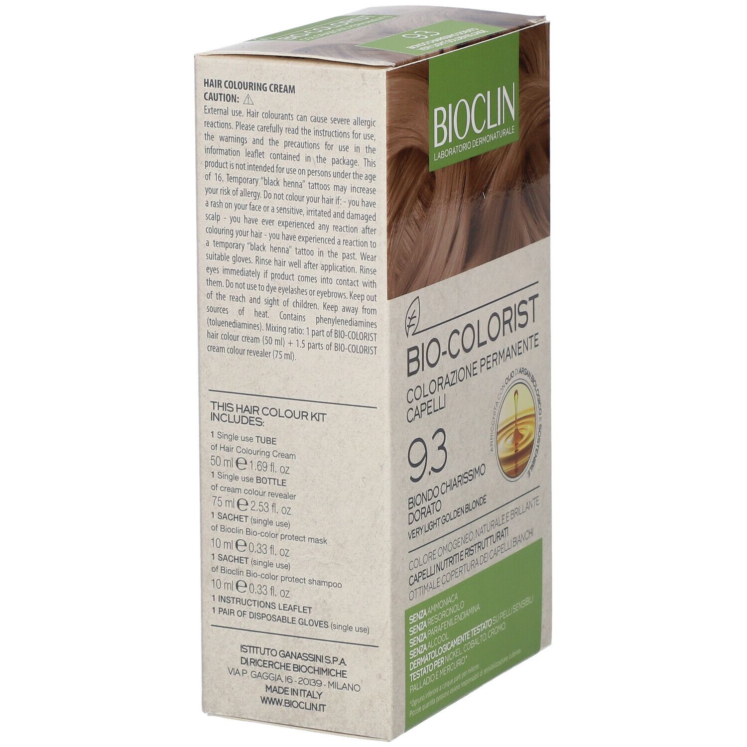 Retro della confezione BIOCLIN Bio-Colorist 9.3. Contiene: tubo, flacone, bustina, shampoo, guanti, istruzioni.