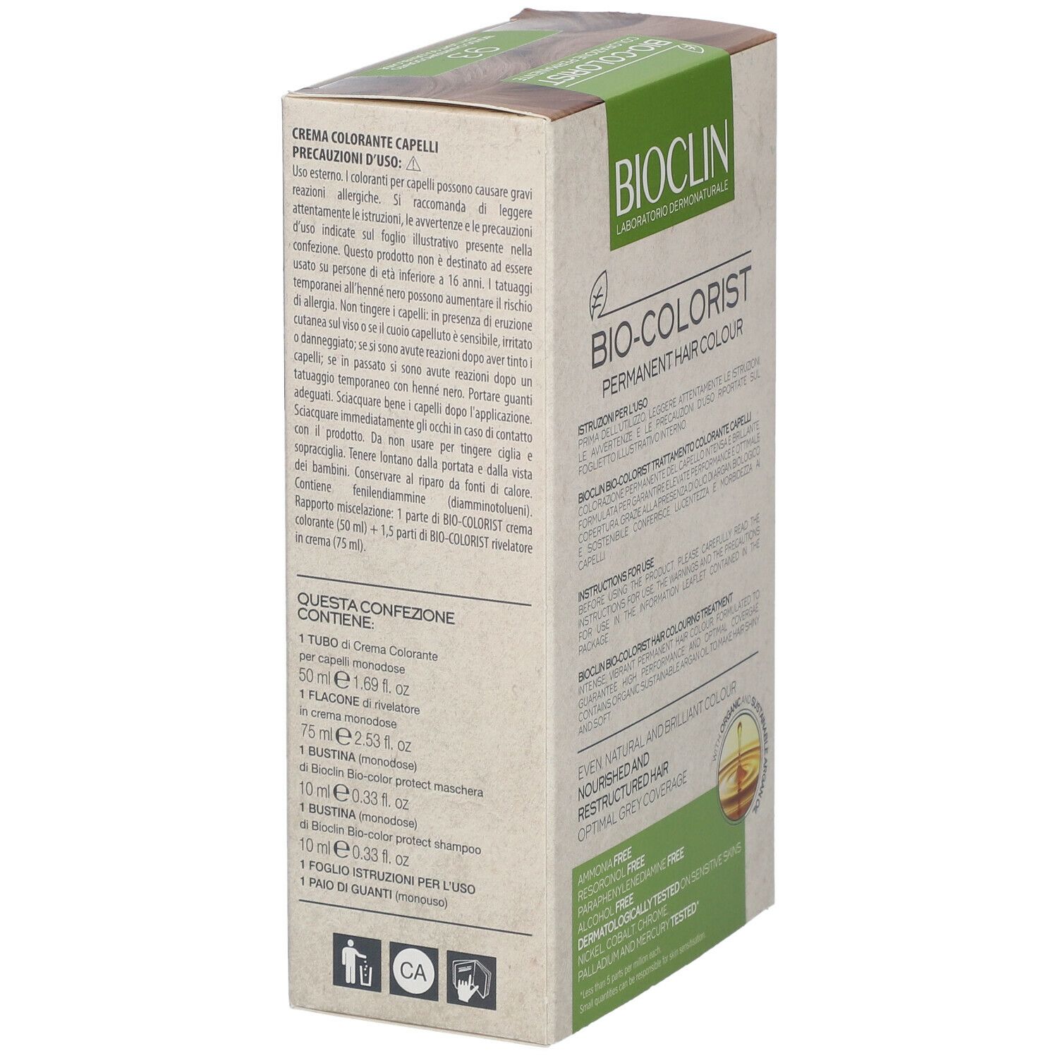 Lato della confezione BIOCLIN Bio-Colorist 9.3. Testo: Permanent Hair Colour, Even Natural and Brilliant Colour.
