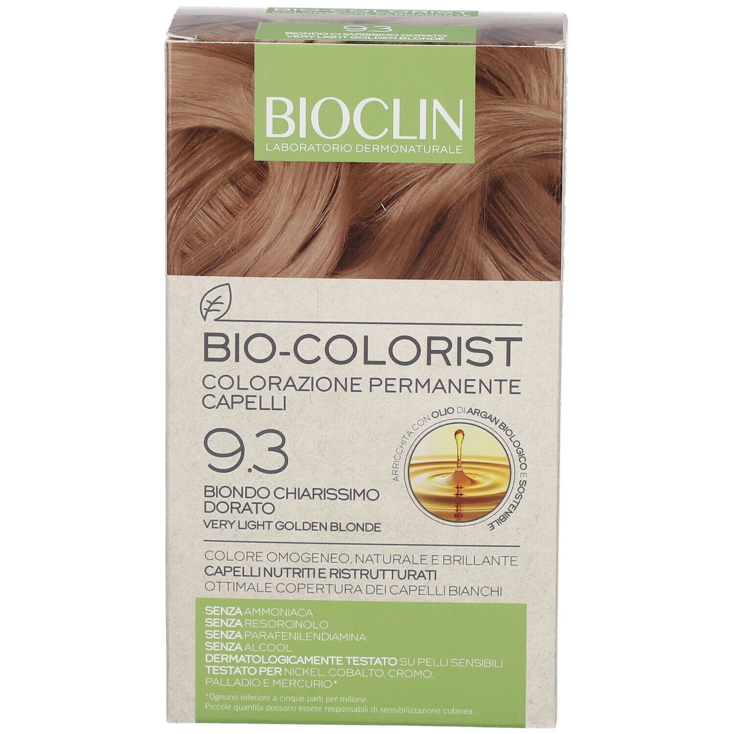 Confezione di BIOCLIN Bio-Colorist 9.3. Scritto: Biondo Chiarissimo Dorato, Very Light Golden Blonde. Colore biondo dorato.