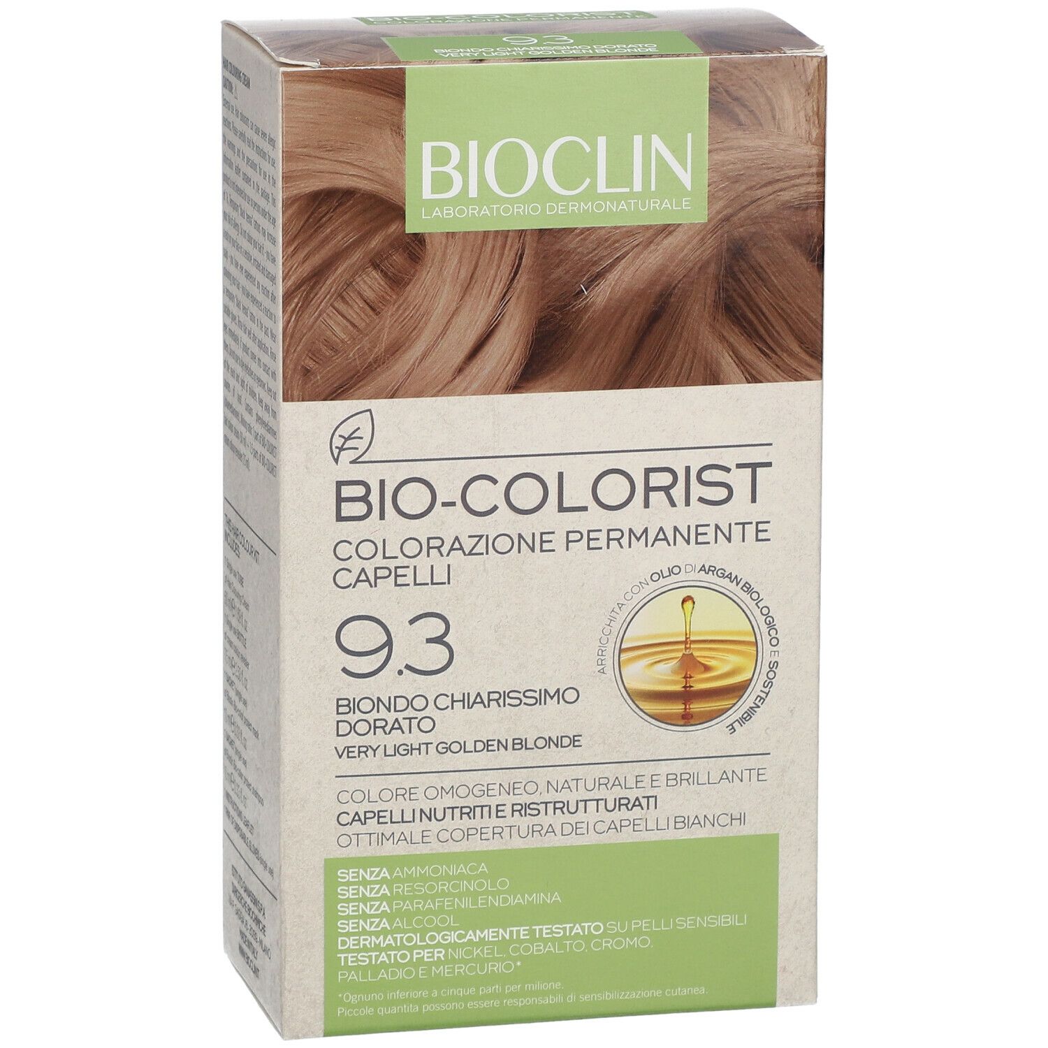 Confezione di BIOCLIN Bio-Colorist 9.3. Scritto: Biondo Chiarissimo Dorato, Very Light Golden Blonde. Colore biondo dorato.