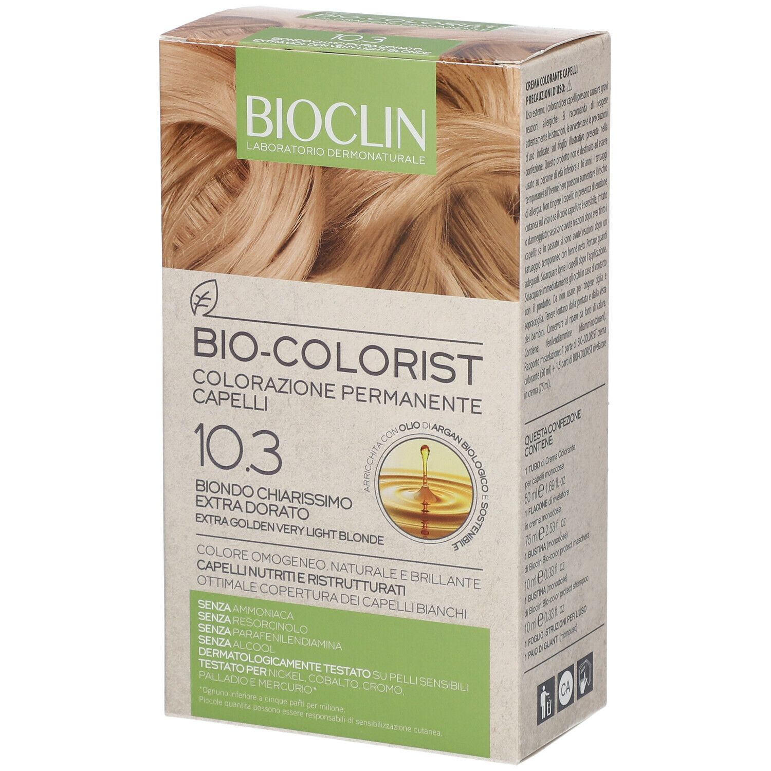 Scatola BIOCLIN Bio-Colorist 10.3. Colore per capelli biondo chiarissimo. Immagine di capelli biondi. Testo: Extra Dorato.